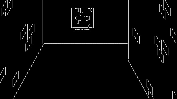 The path forward, with an image on the wall, and a opening to the right.